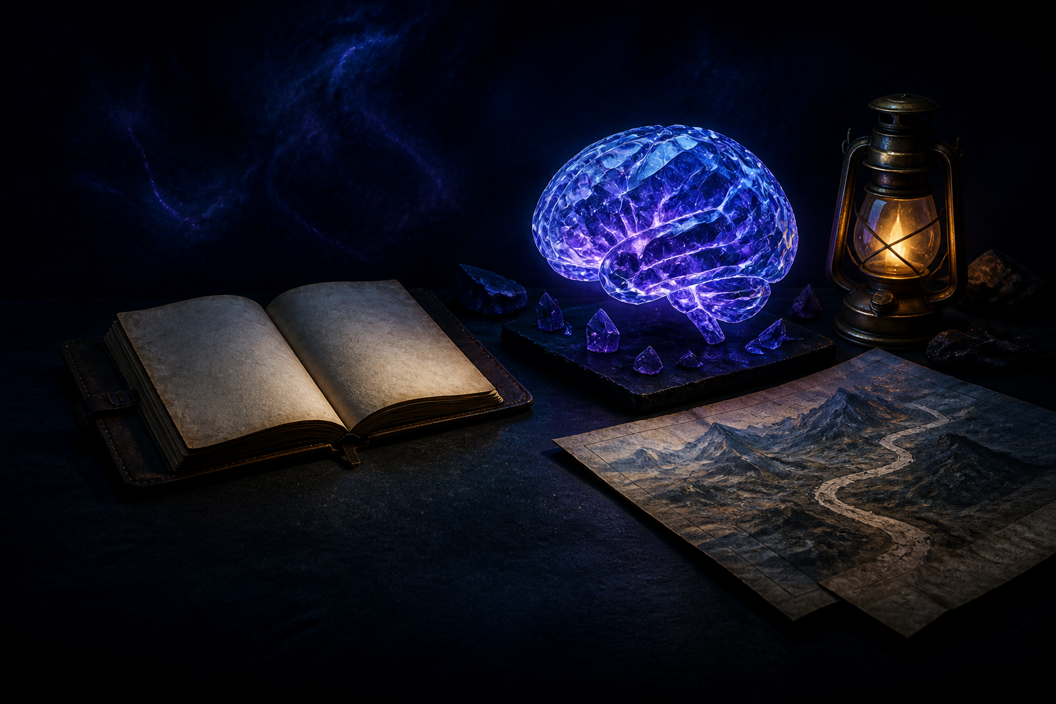 An open notebook, glowing crystal brain, lantern, and map on a midnight table